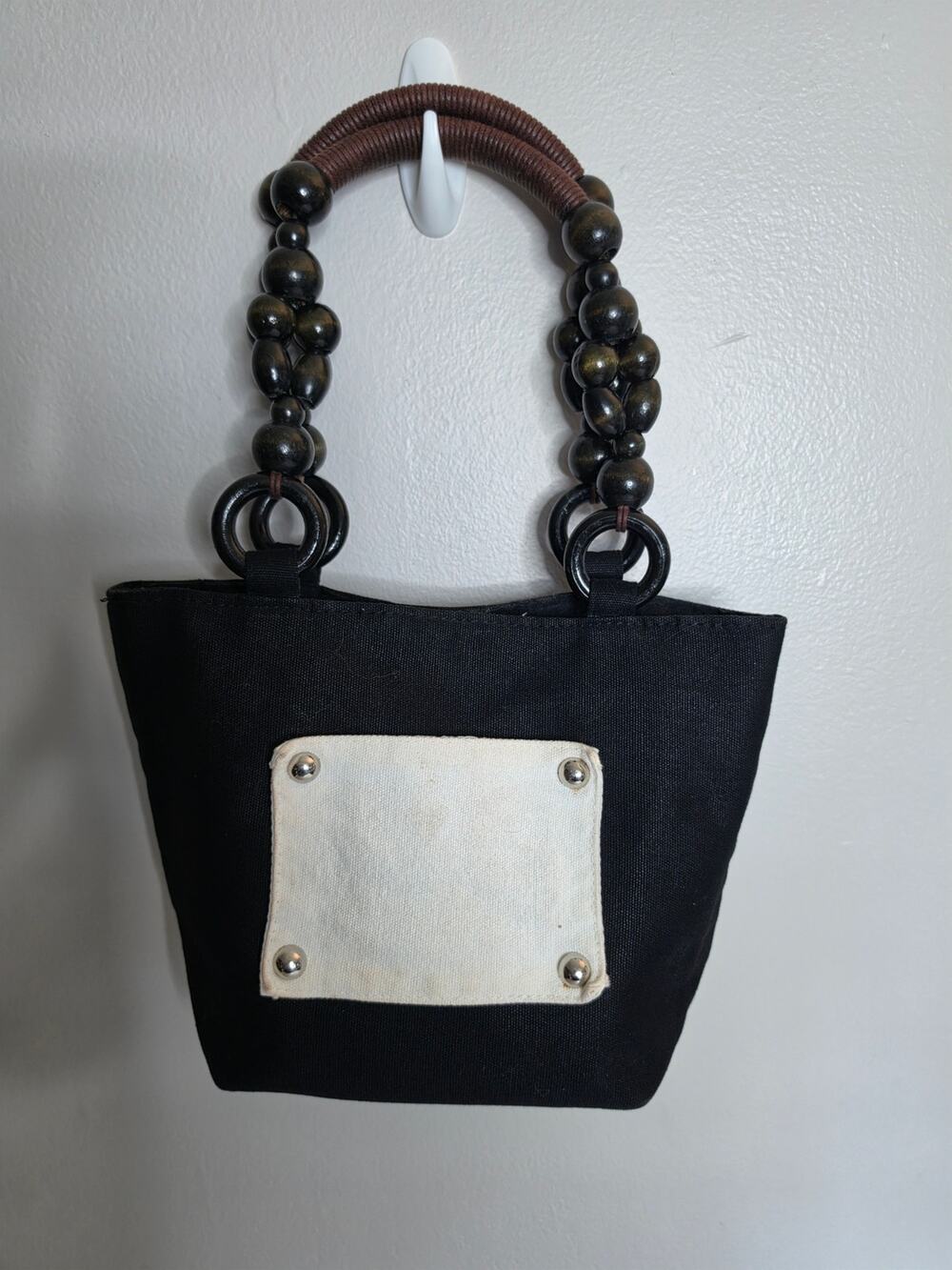 Morgan & Company Black Canvas Tote Bag Wood Bead Handles Monogram Panel Y2K